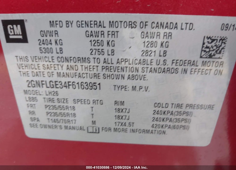 2015 CHEVROLET EQUINOX 2LT VIN: 2GNFLGE34F6163951