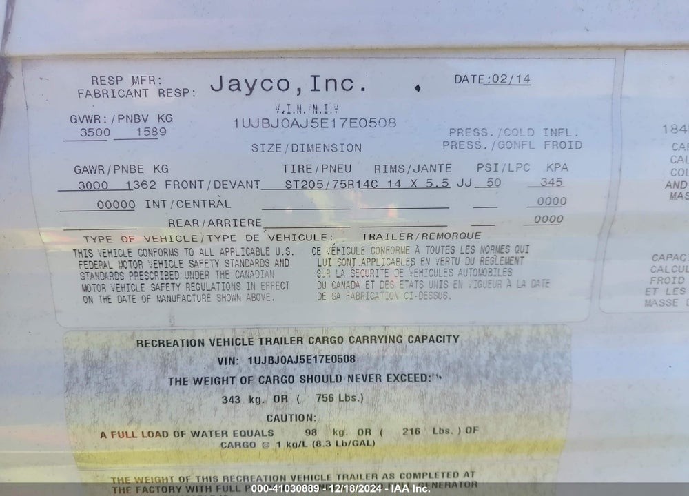 2014 JAYCO JAYFLIGHT 184BH VIN: 1UJBJ0AJ5E17E0508