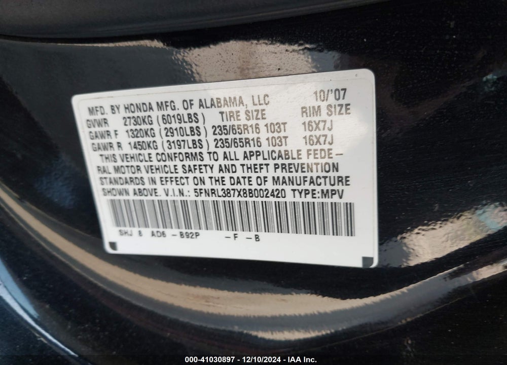 2008 HONDA ODYSSEY EX-L VIN: 5FNRL387X8B002420
