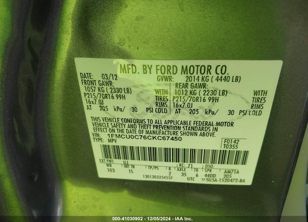 2012 FORD ESCAPE XLS VIN: 1FMCU0C76CKC67450