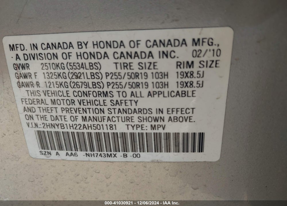 2010 ACURA ZDX VIN: 2HNYB1H22AH501181
