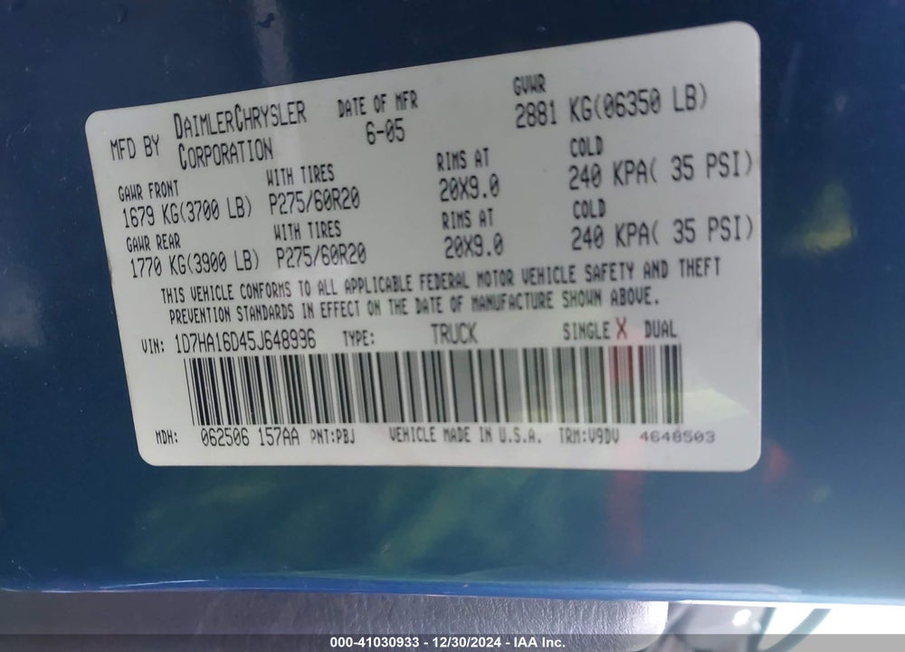 2005 DODGE RAM 1500 SLT/LARAMIE VIN: 1D7HA16D45J648996