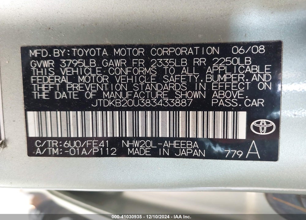 2008 TOYOTA PRIUS VIN: JTDKB20U383433887