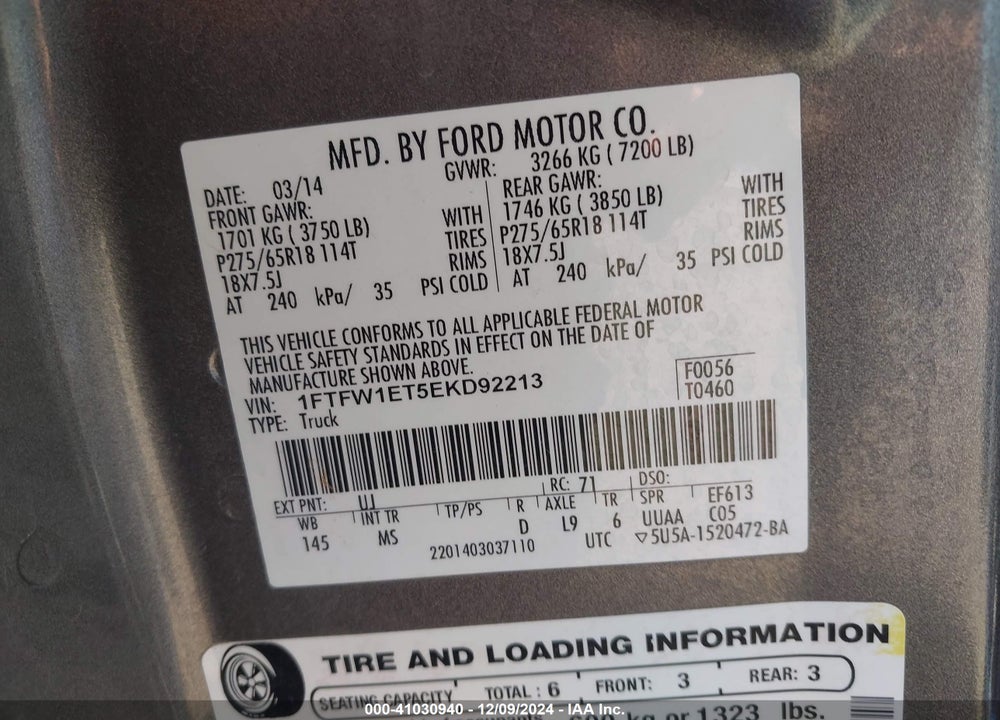 2014 FORD F-150 XLT VIN: 1FTFW1ET5EKD92213