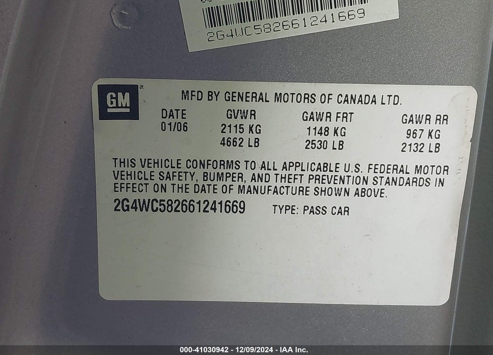 2006 BUICK LACROSSE CX VIN: 2G4WC582661241669