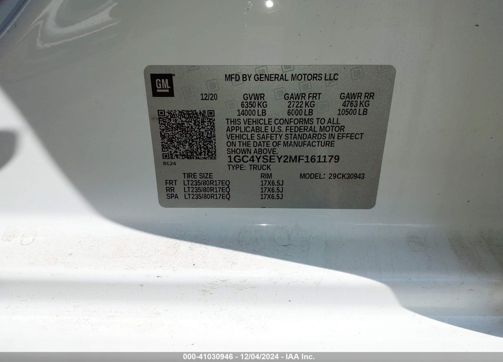 2021 CHEVROLET SILVERADO 3500HD VIN: 1GC4YSEY2MF161179