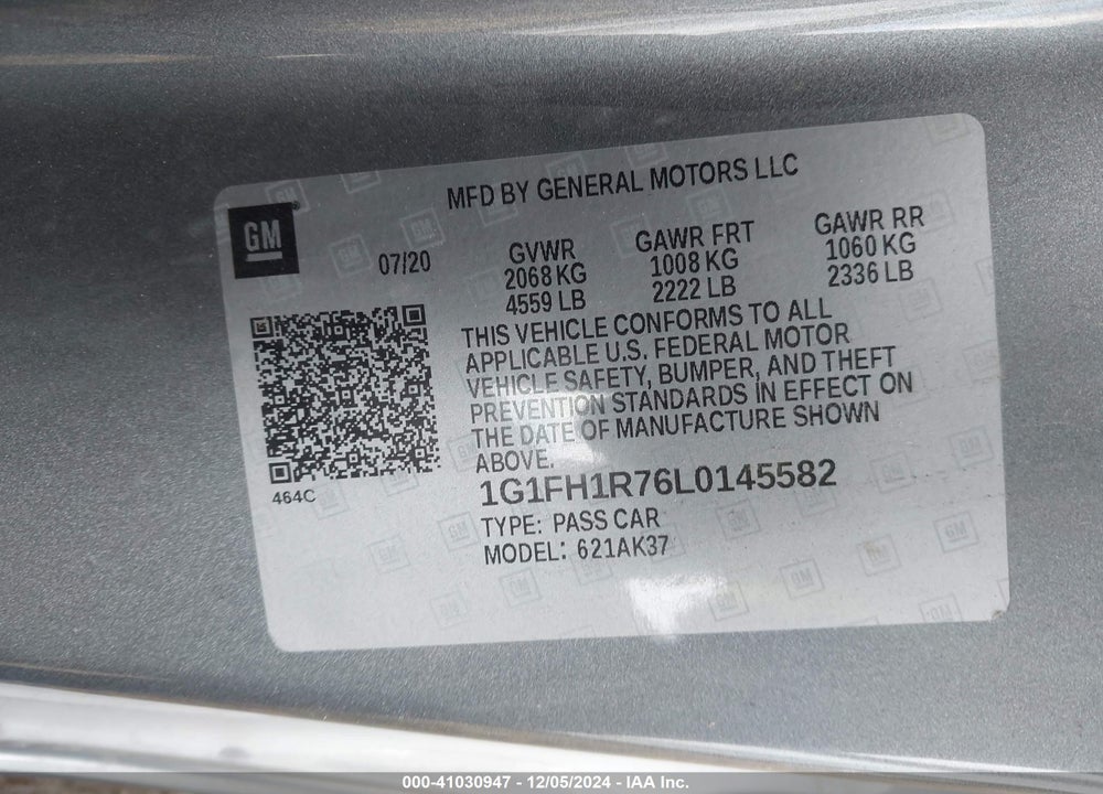 2020 CHEVROLET CAMARO VIN: 1G1FH1R76L0145582