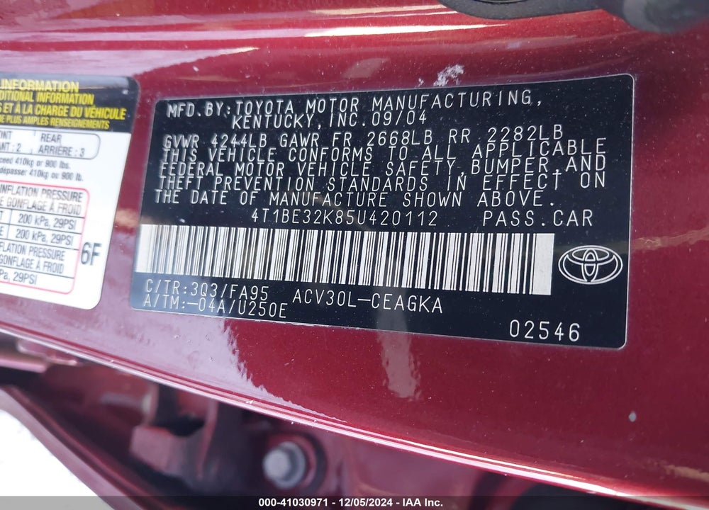 2005 TOYOTA CAMRY XLE VIN: 4T1BE32K85U420112