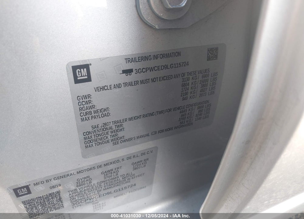 2020 CHEVROLET SILVERADO VIN: 3GCPWCED9LG115724