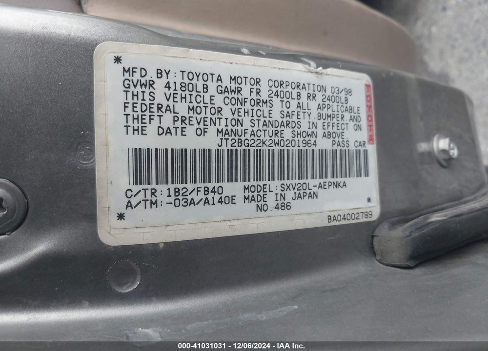 1998 TOYOTA CAMRY LE VIN: JT2BG22K2W0201964
