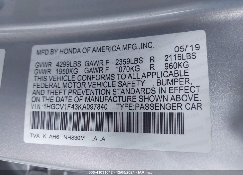 2019 HONDA ACCORD VIN: 1HGCV1F43KA097840