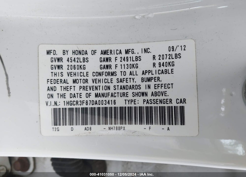 2013 HONDA ACCORD EX-L V-6 VIN: 1HGCR3F87DA003416