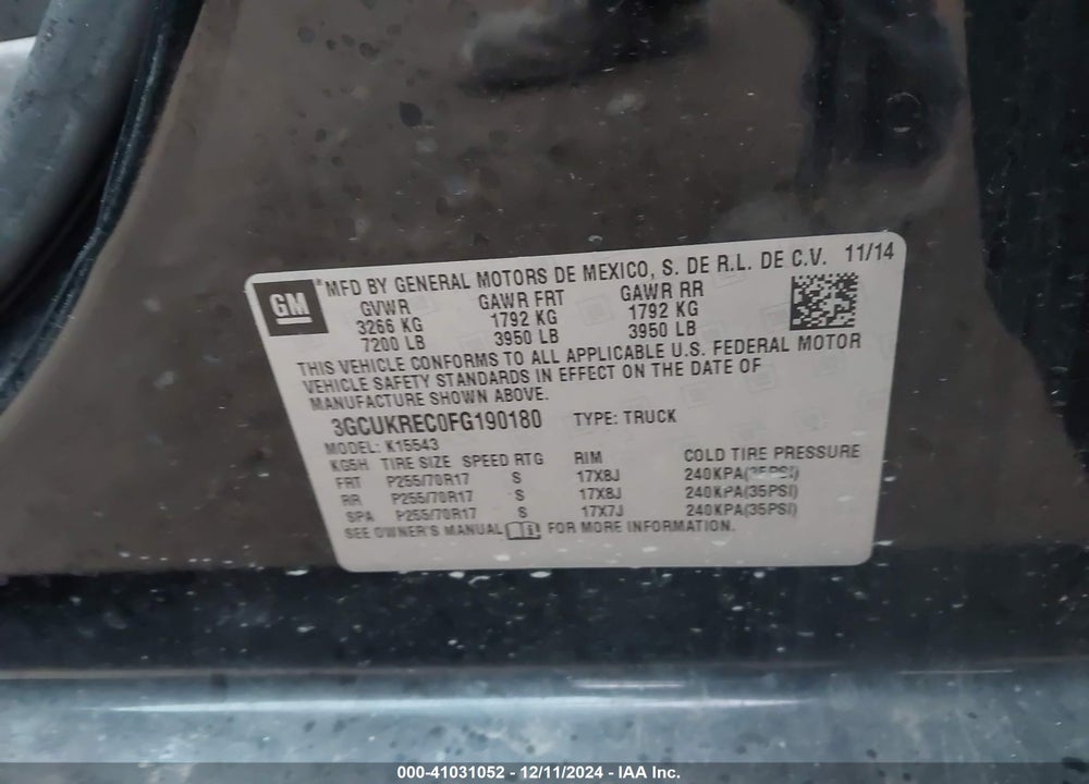 2015 CHEVROLET SILVERADO 1500 1LT VIN: 3GCUKREC0FG190180