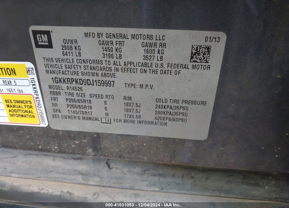 2013 GMC ACADIA SLE VIN: 1GKKRPKD9DJ159997