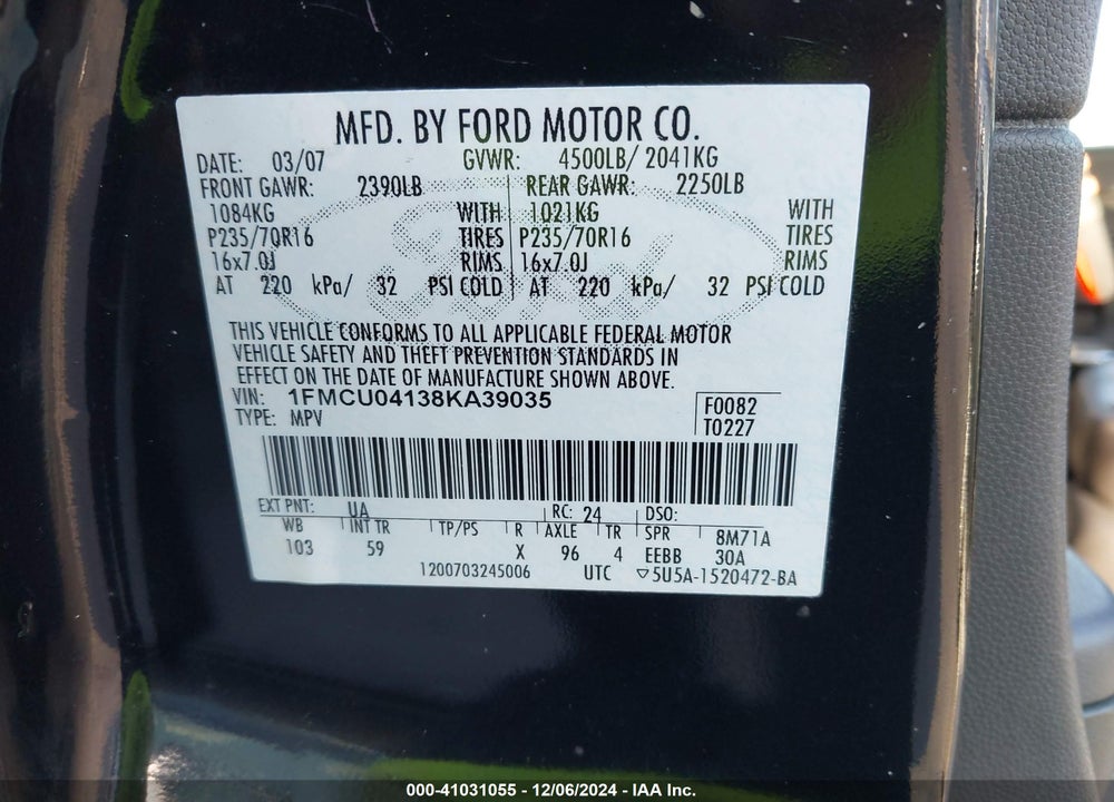 2008 FORD ESCAPE LIMITED VIN: 1FMCU04138KA39035