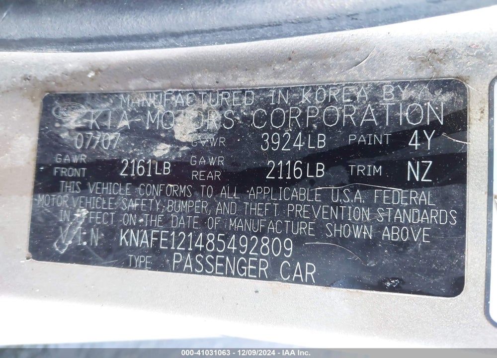 2008 KIA SPECTRA EX VIN: KNAFE121485492809