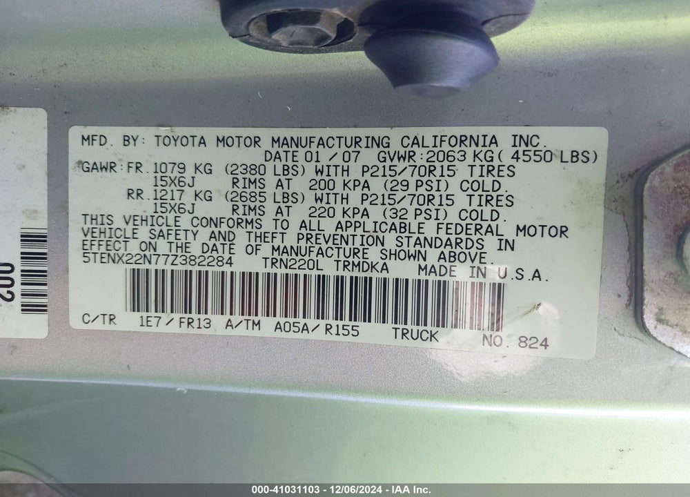 2007 TOYOTA TACOMA VIN: 5TENX22N77Z382284