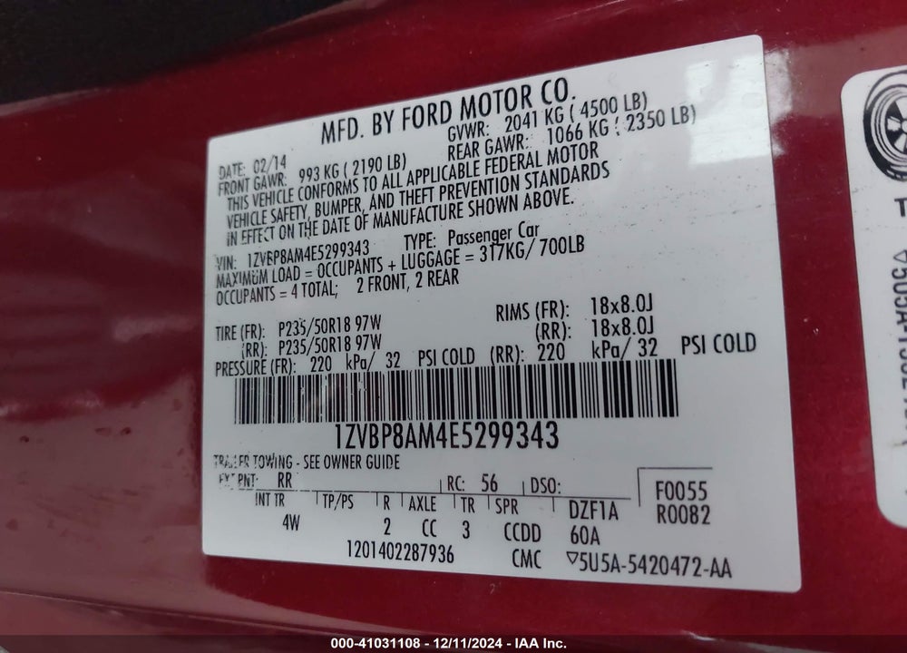 2014 FORD MUSTANG VIN: 1ZVBP8AM4E5299343