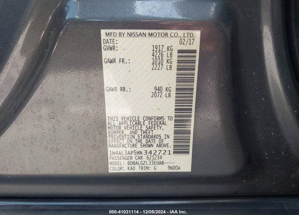 2017 NISSAN ALTIMA VIN: 1N4AL3AP5HN342721