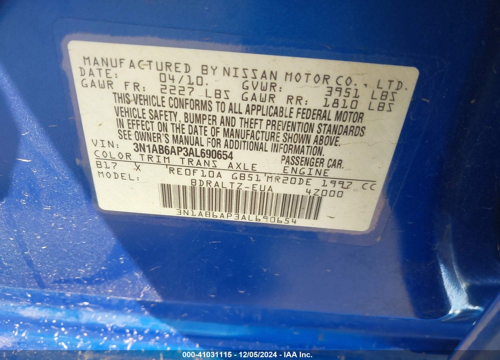 2010 NISSAN SENTRA VIN: 3N1AB6AP3AL690654