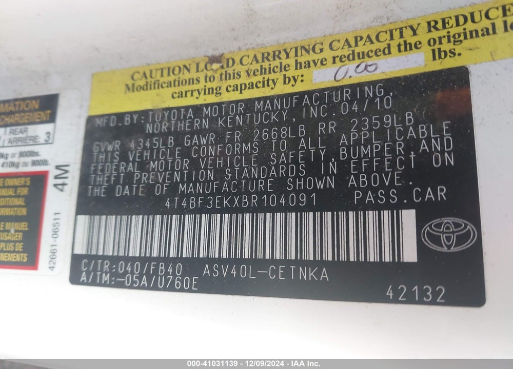 2011 TOYOTA CAMRY LE VIN: 4T4BF3EKXBR104091
