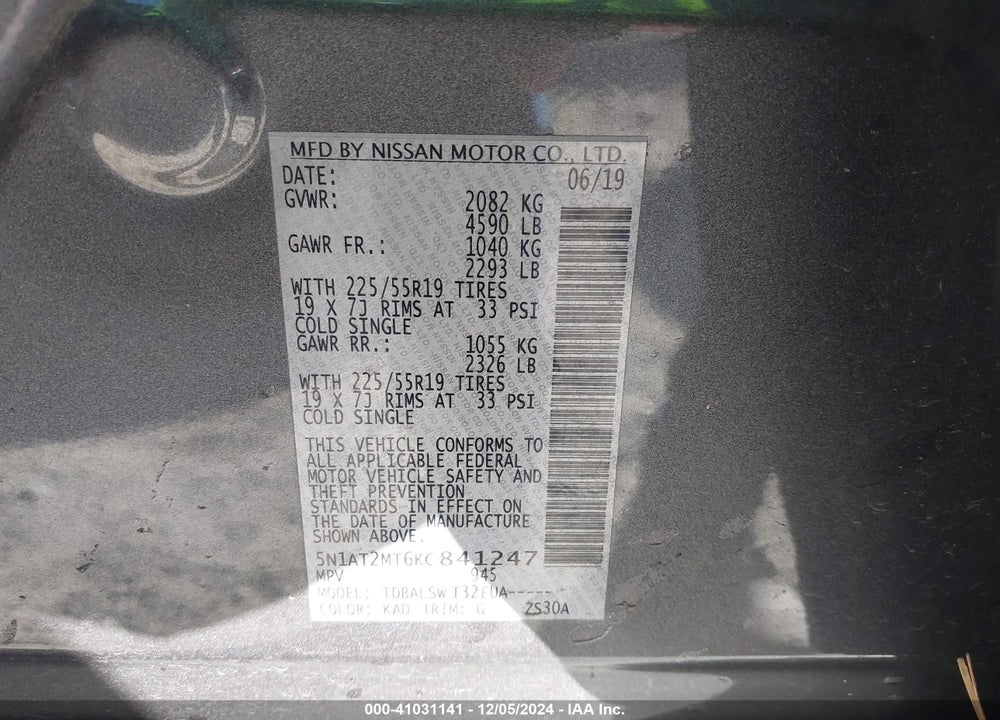 2019 NISSAN ROGUE SL VIN: 5N1AT2MT6KC841247