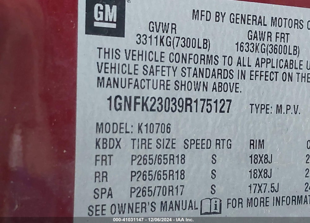 2009 CHEVROLET TAHOE LT2 VIN: 1GNFK23039R175127