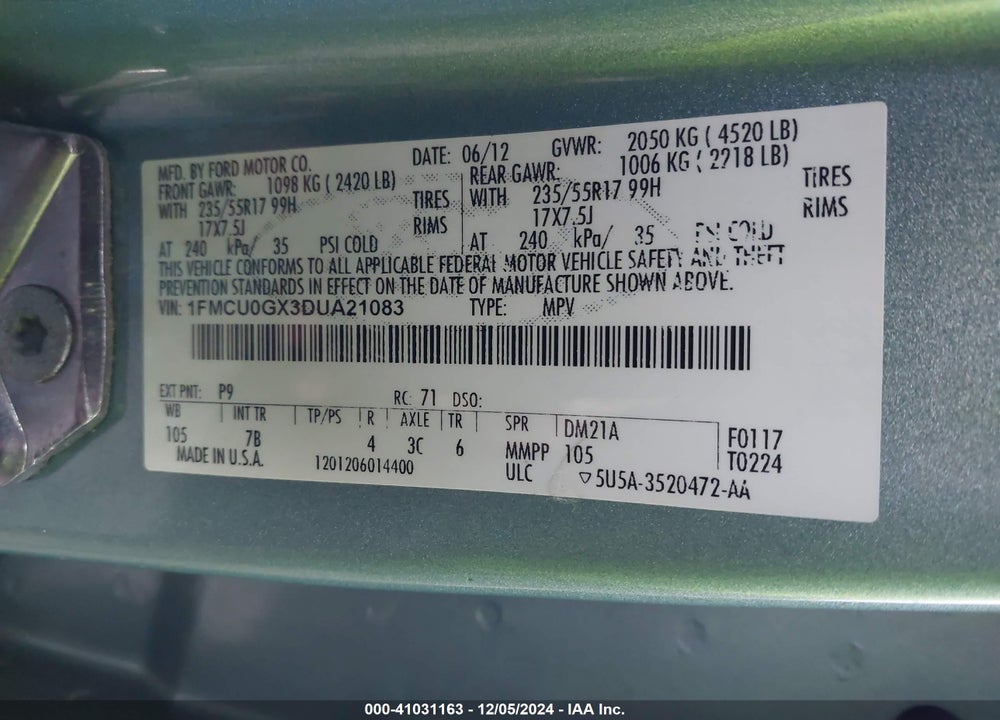 2013 FORD ESCAPE VIN: 1FMCU0GX3DUA21083