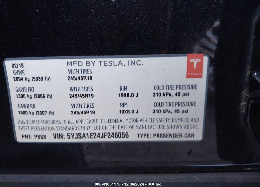 2018 TESLA MODEL S 100D/75D/P100D VIN: 5YJSA1E24JF246056