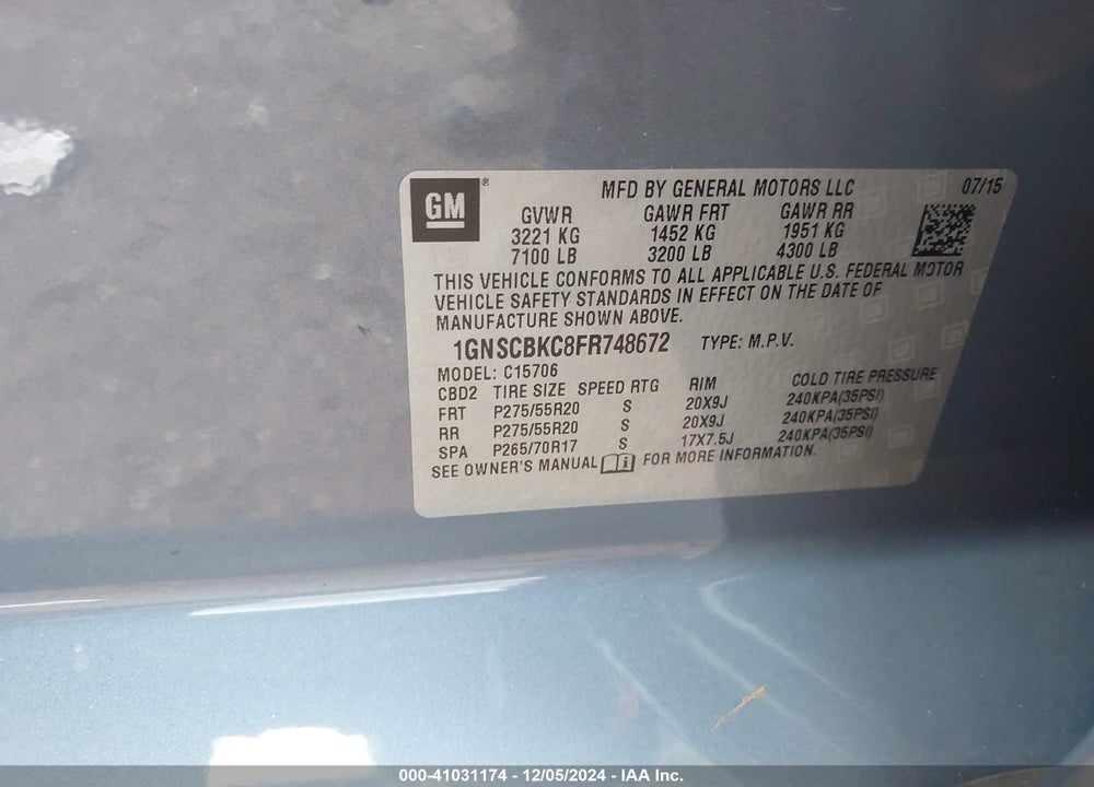 2015 CHEVROLET TAHOE LT VIN: 1GNSCBKC8FR748672