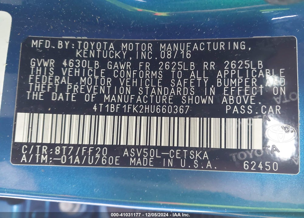 2017 TOYOTA CAMRY SE VIN: 4T1BF1FK2HU660367