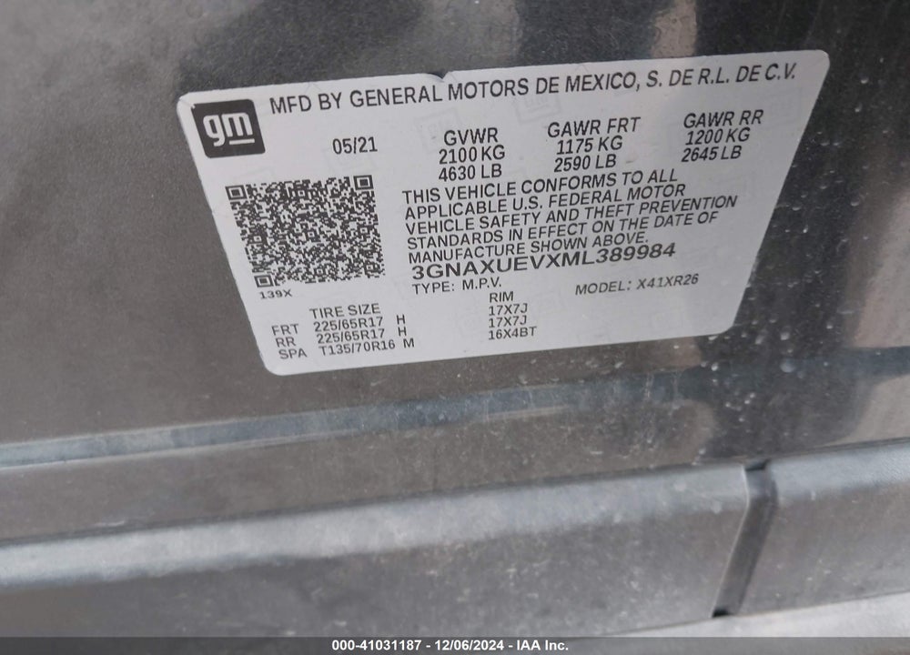 2021 CHEVROLET EQUINOX AWD LT VIN: 3GNAXUEVXML389984