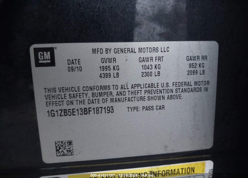 2011 CHEVROLET MALIBU LS VIN: 1G1ZB5E13BF187193