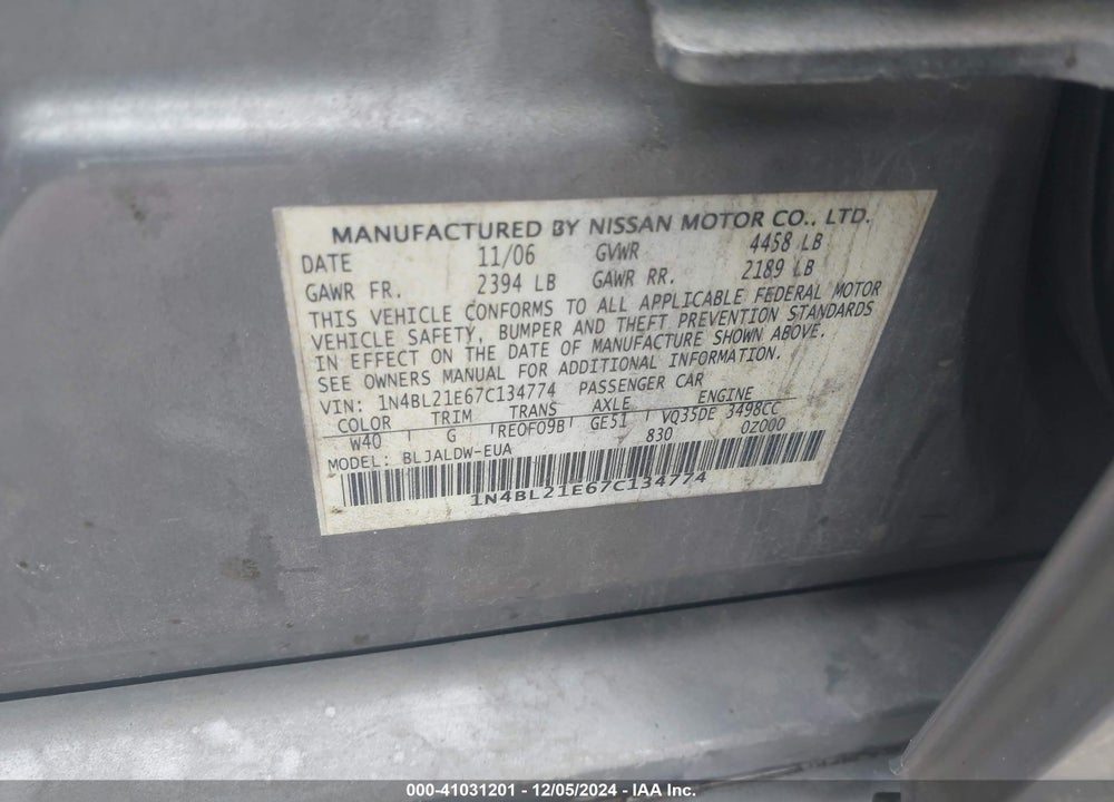 2007 NISSAN ALTIMA 3.5 SE VIN: 1N4BL21E67C134774
