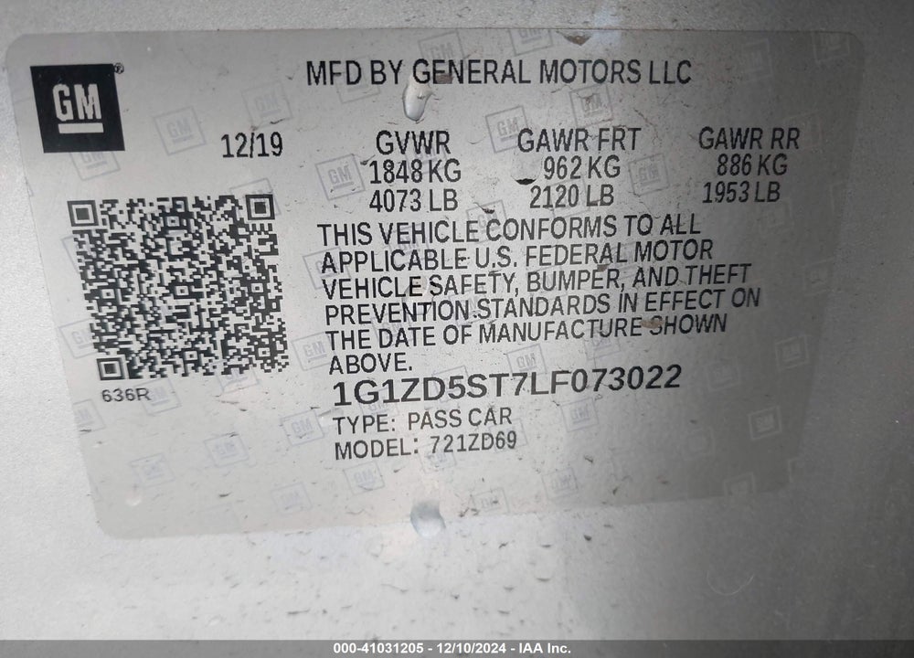 2020 CHEVROLET MALIBU FWD LT VIN: 1G1ZD5ST7LF073022