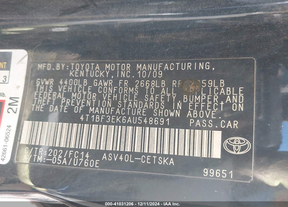 2010 TOYOTA CAMRY SE VIN: 4T1BF3EK6AU548691