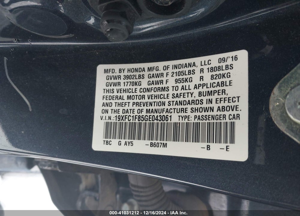2016 HONDA CIVIC VIN: 19XFC1F85GE043061