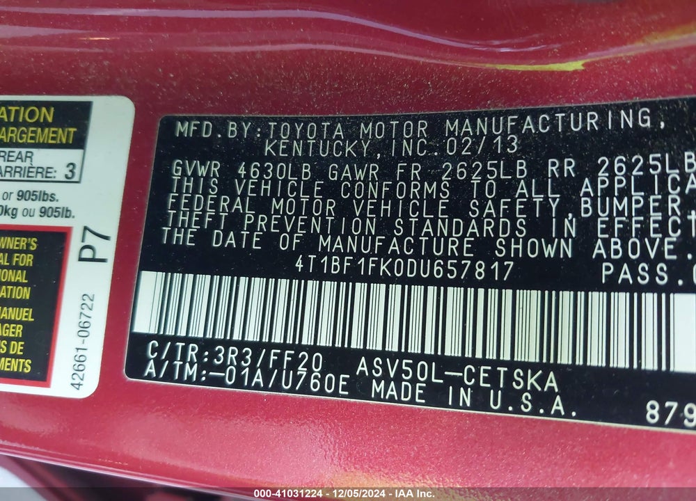 2013 TOYOTA CAMRY SE VIN: 4T1BF1FK0DU657817