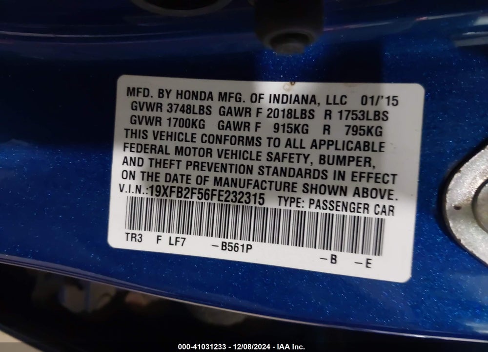 2015 HONDA CIVIC LX VIN: 19XFB2F56FE232315