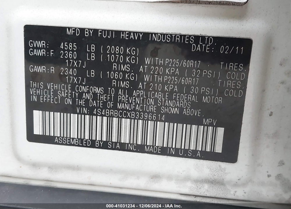 2011 SUBARU OUTBACK 2.5I PREMIUM VIN: 4S4BRBCCXB3396614