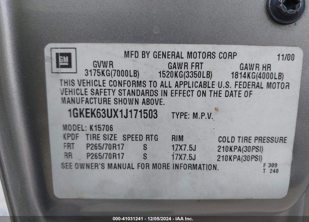 2001 GMC YUKON DENALI VIN: 1GKEK63UX1J171503