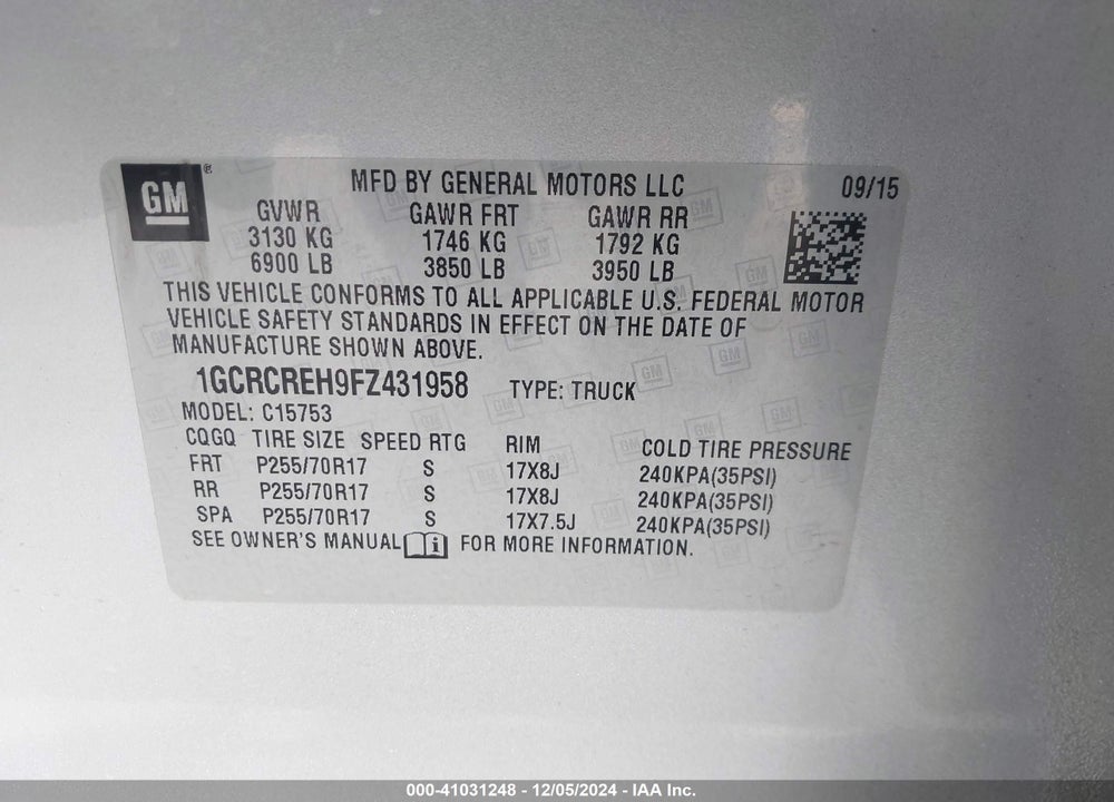 2015 CHEVROLET SILVERADO 1500 1LT VIN: 1GCRCREH9FZ431958