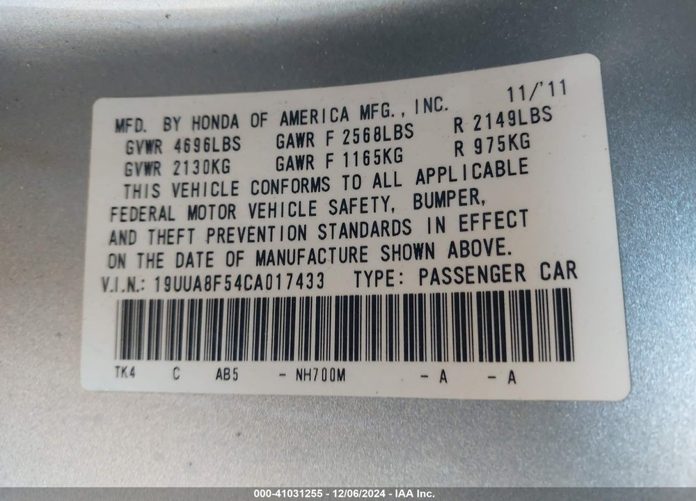 2012 ACURA TL 3.5 VIN: 19UUA8F54CA017433