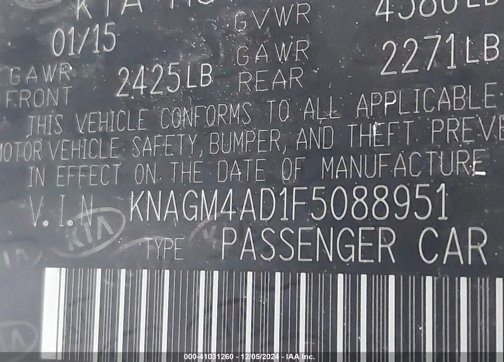 2015 KIA OPTIMA HYBRID VIN: KNAGM4AD1F5088951