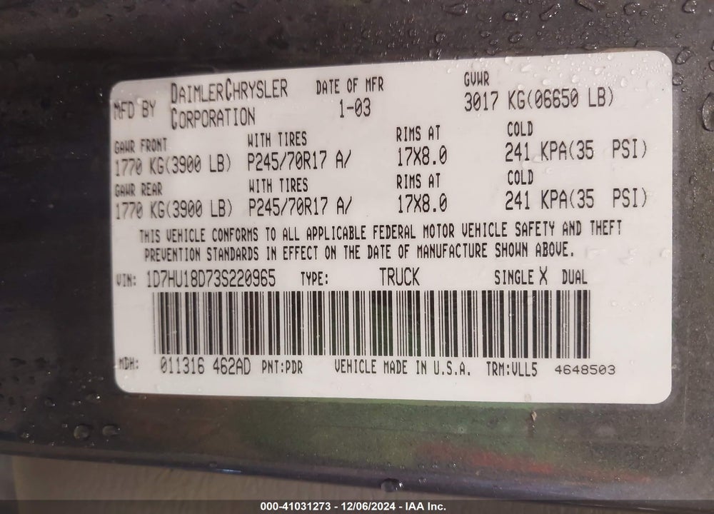 2003 DODGE RAM 1500 SLT/LARAMIE/ST VIN: 1D7HU18D73S220965