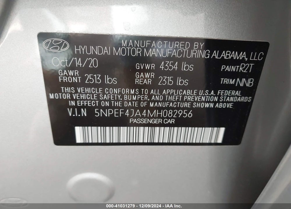 2021 HYUNDAI SONATA VIN: 5NPEF4JA4MH082956