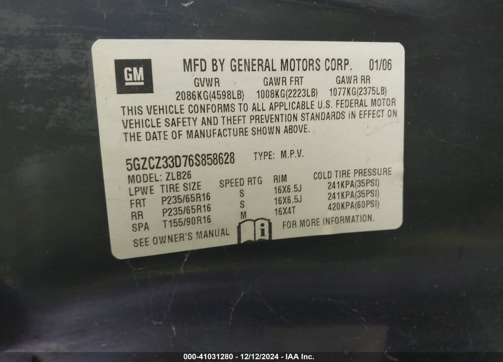 2006 SATURN VUE VIN: 5GZCZ33D76S858628