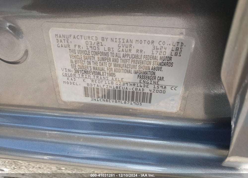 2021 NISSAN VERSA SV XTRONIC CVT VIN: 3N1CN8EV8ML871905