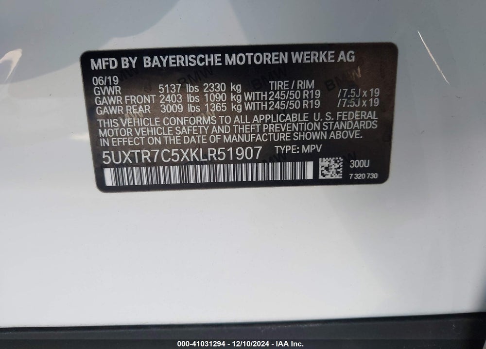 2019 BMW X3 SDRIVE30I VIN: 5UXTR7C5XKLR51907