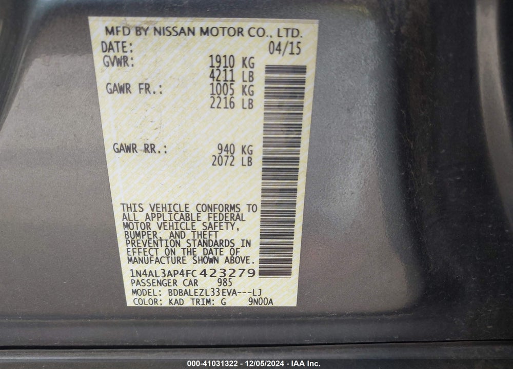 2015 NISSAN ALTIMA 2.5 S VIN: 1N4AL3AP4FC423279